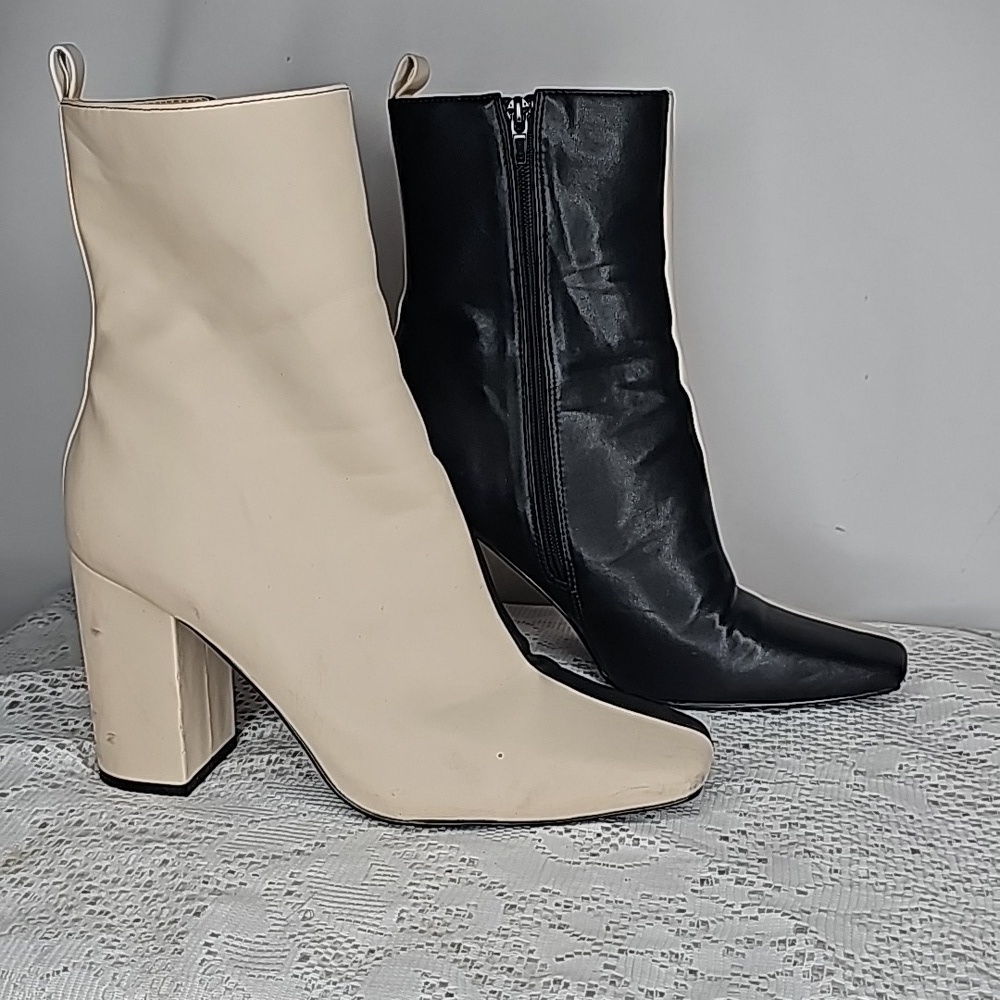 SHE&IN Shein colorblock half black cream block heeled ankle square toe boots s…